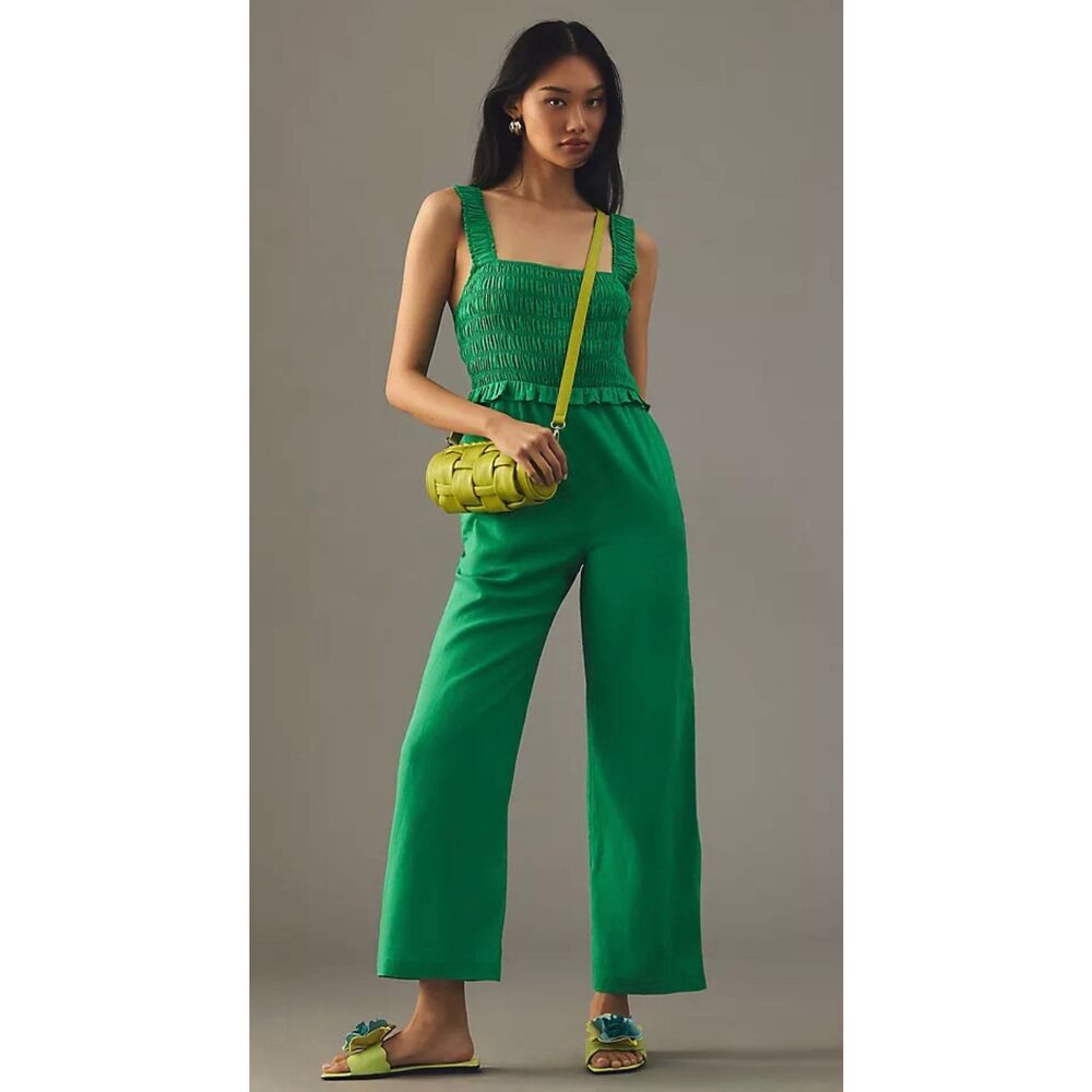 Anthropologie Emerald Smocked Wide Leg Resort Jumpsuit farm Rio, coastal lux XS